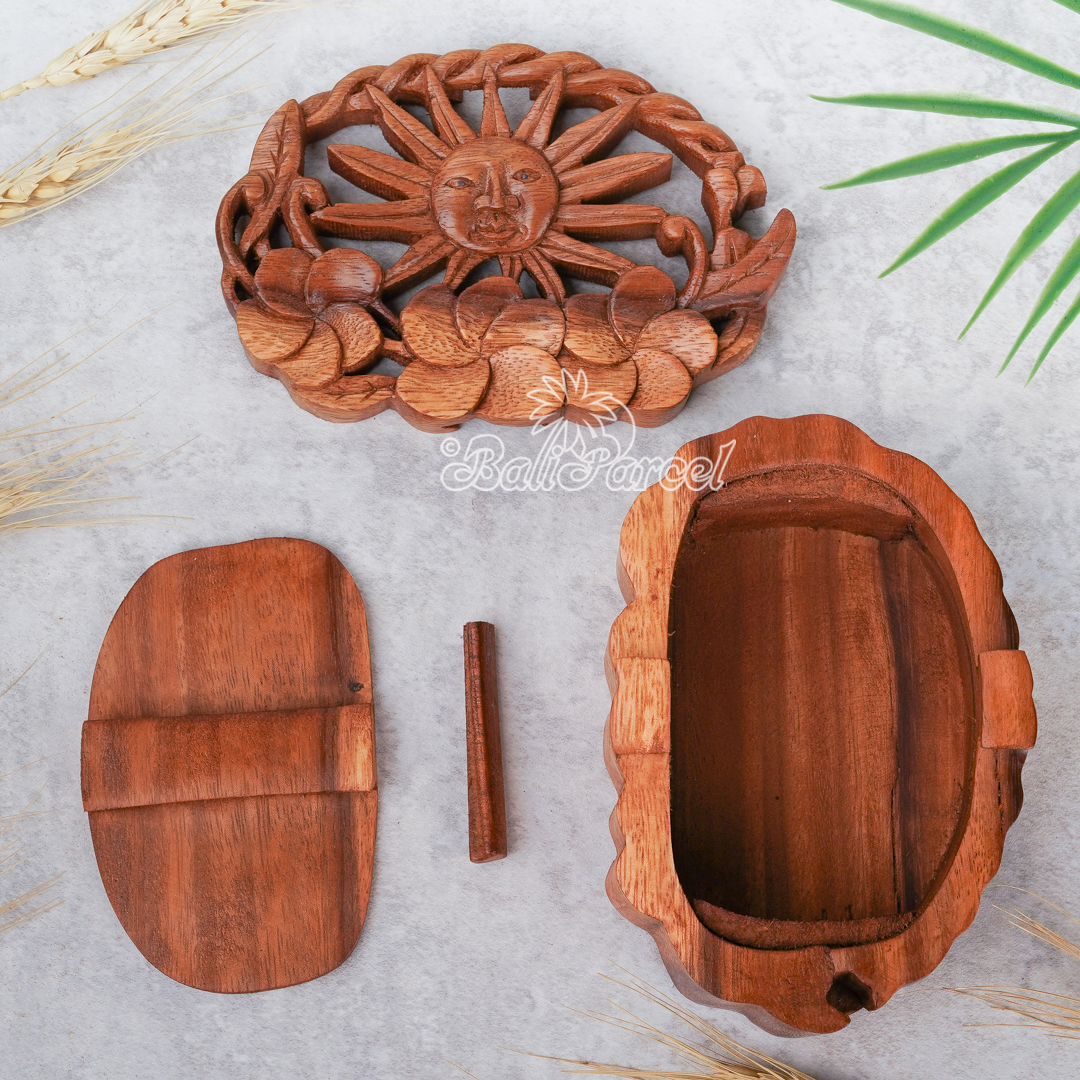 Wooden Box With Sun, Hand Made From Suar Wood.