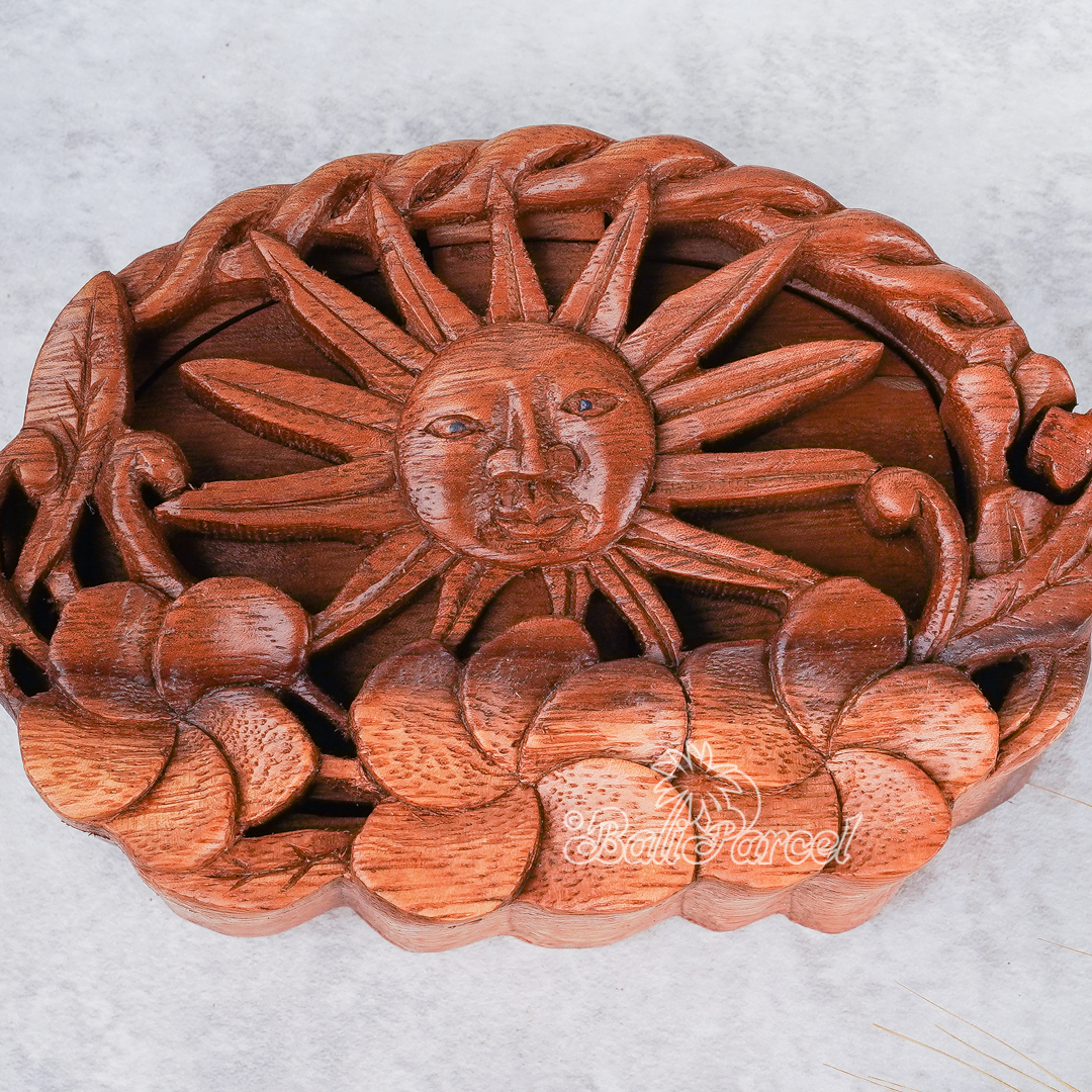 Wooden Box With Sun, Hand Made From Suar Wood.