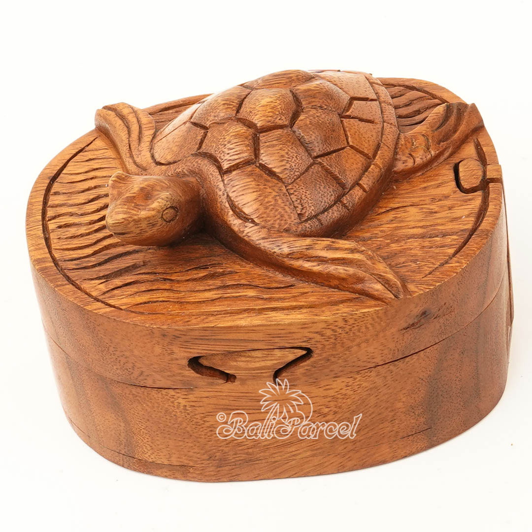 Wooden Box With Turtle On Top, Handmade From Suar Wood