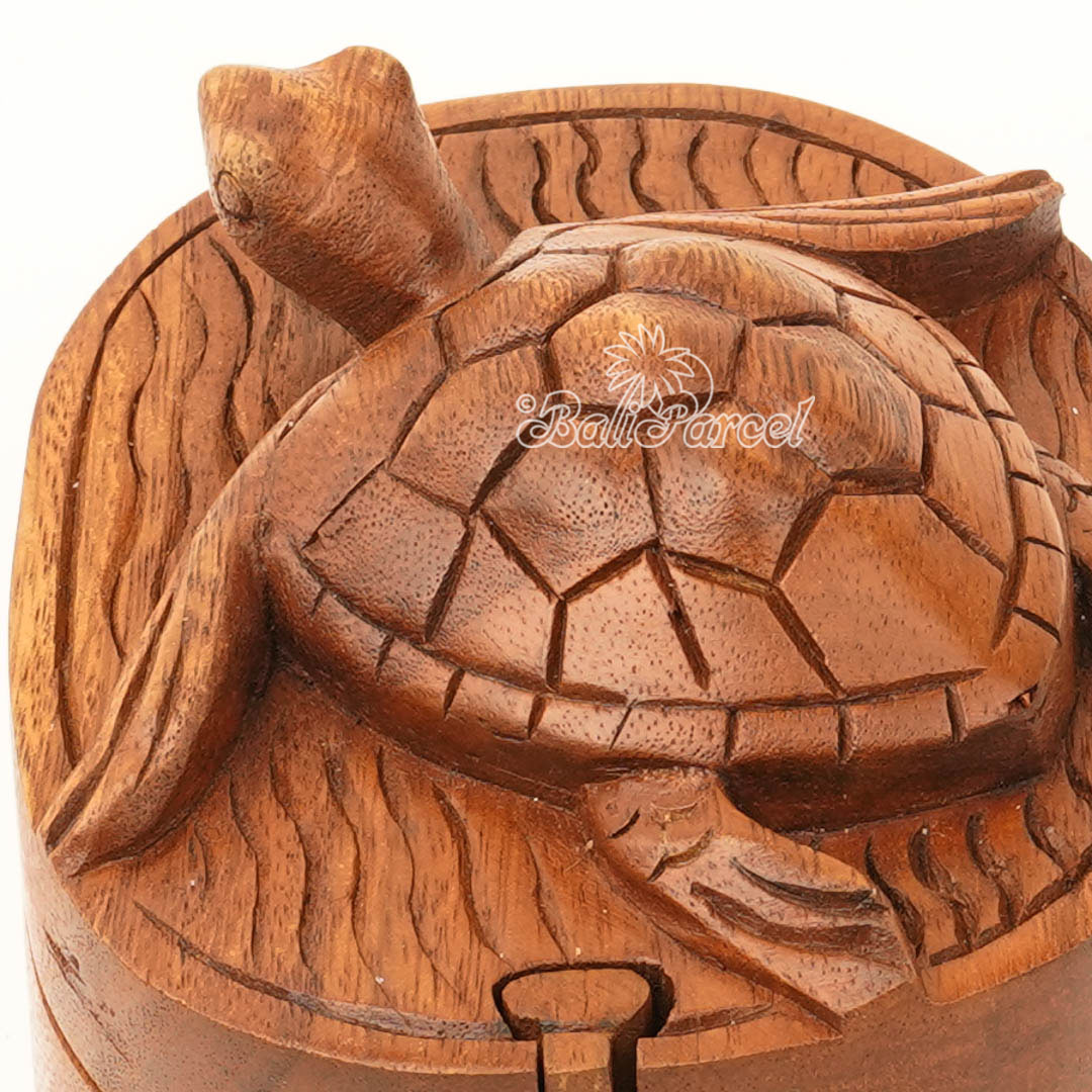 Wooden Box With Turtle On Top, Handmade From Suar Wood