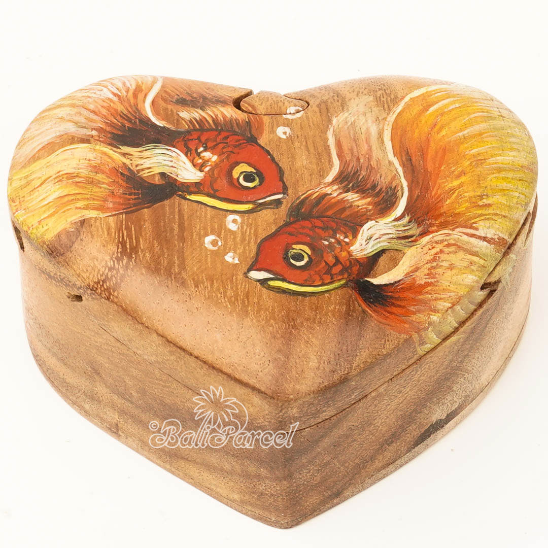 Wooden Jewelry Box Heart Shape With Fish Painting On Top, Handmade From Suar Wood