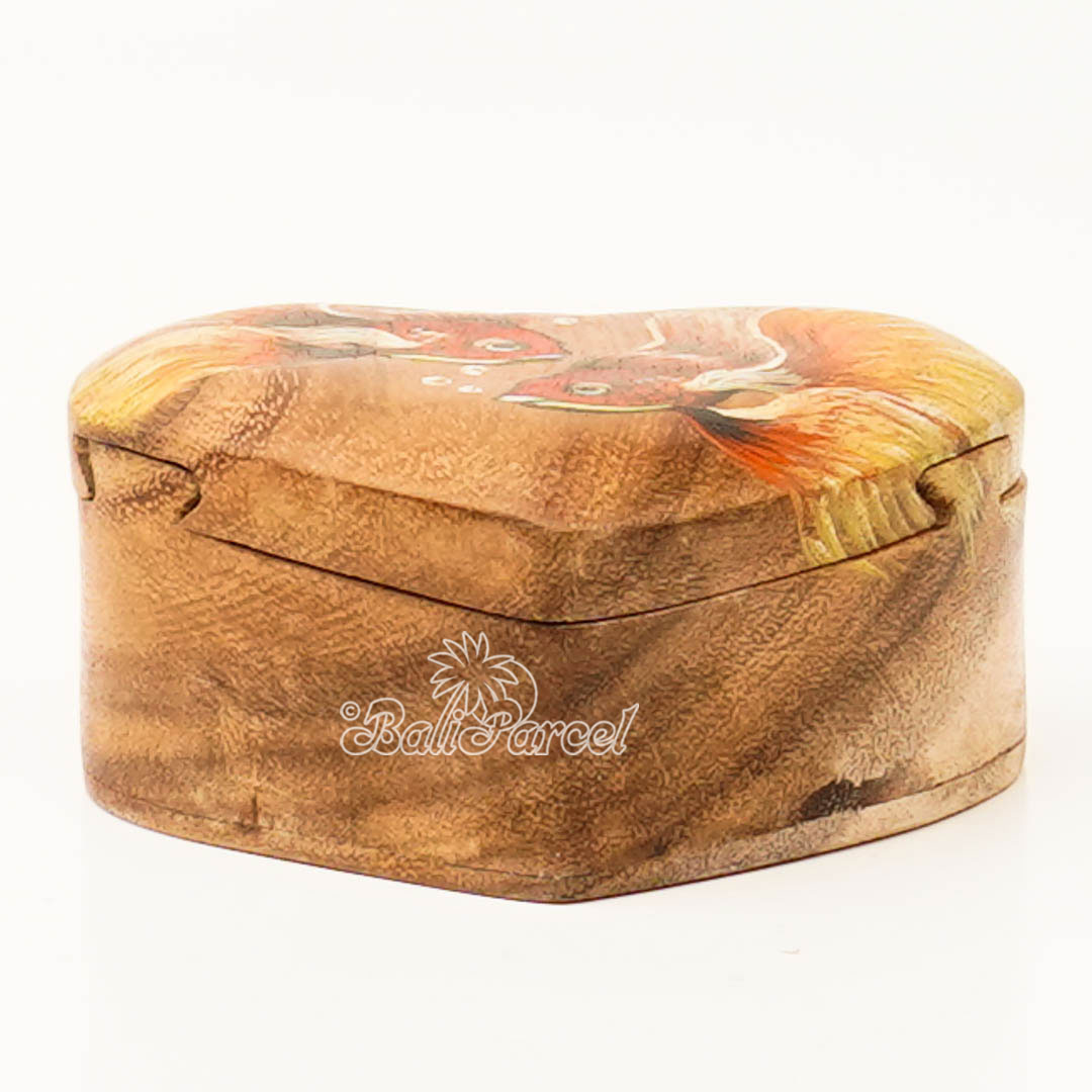 Wooden Jewelry Box Heart Shape With Fish Painting On Top, Handmade From Suar Wood