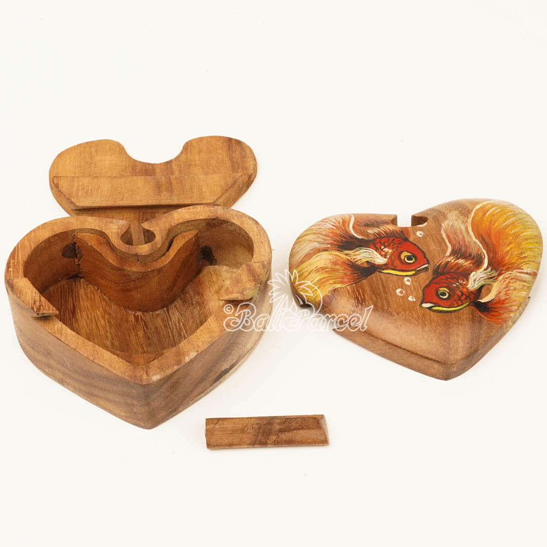 Wooden Jewelry Box Heart Shape With Fish Painting On Top, Handmade From Suar Wood