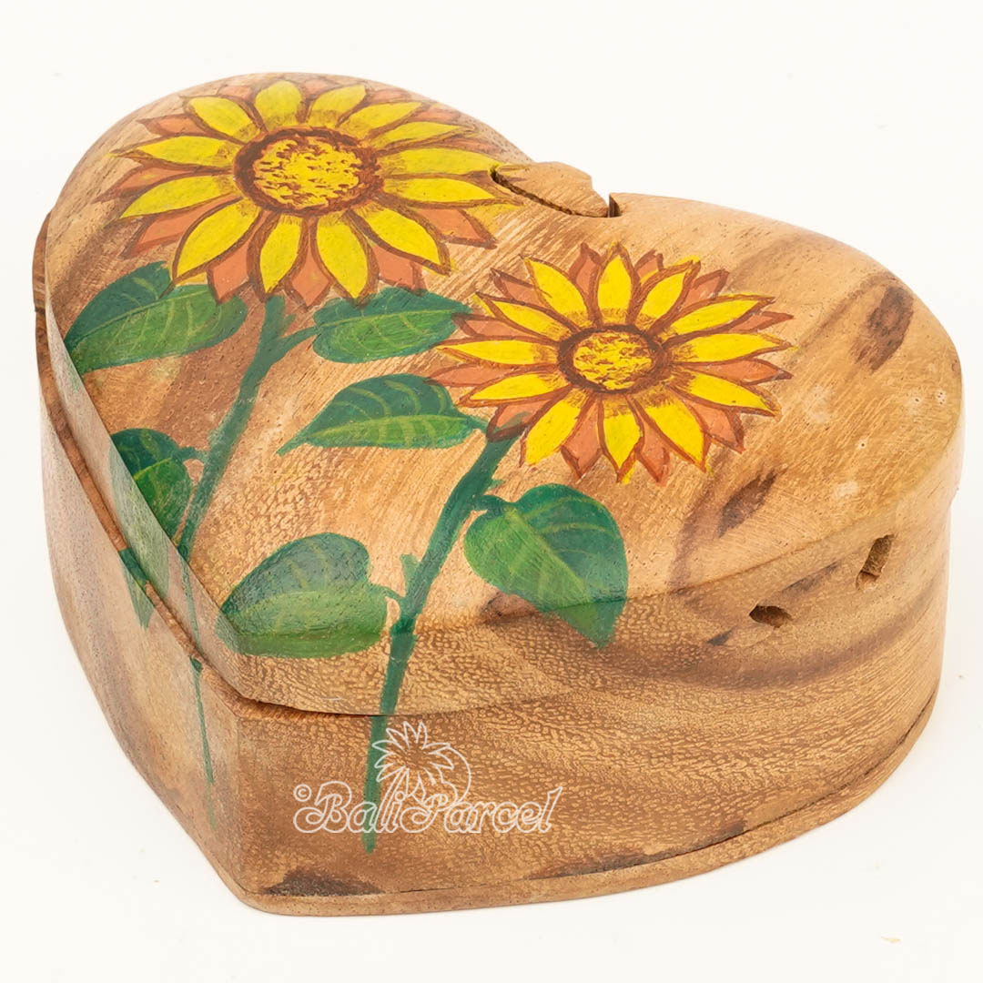 Wooden Jewelry Box Heart Shape With Sun Flower Painting On Top, Handmade From Suar Wood