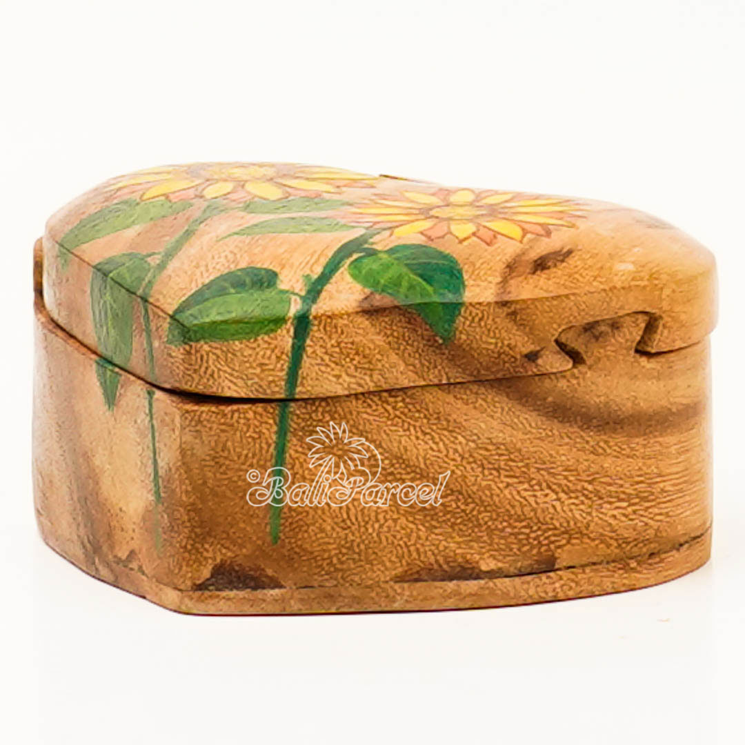 Wooden Jewelry Box Heart Shape With Sun Flower Painting On Top, Handmade From Suar Wood