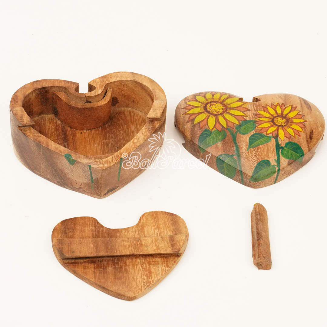 Wooden Jewelry Box Heart Shape With Sun Flower Painting On Top, Handmade From Suar Wood