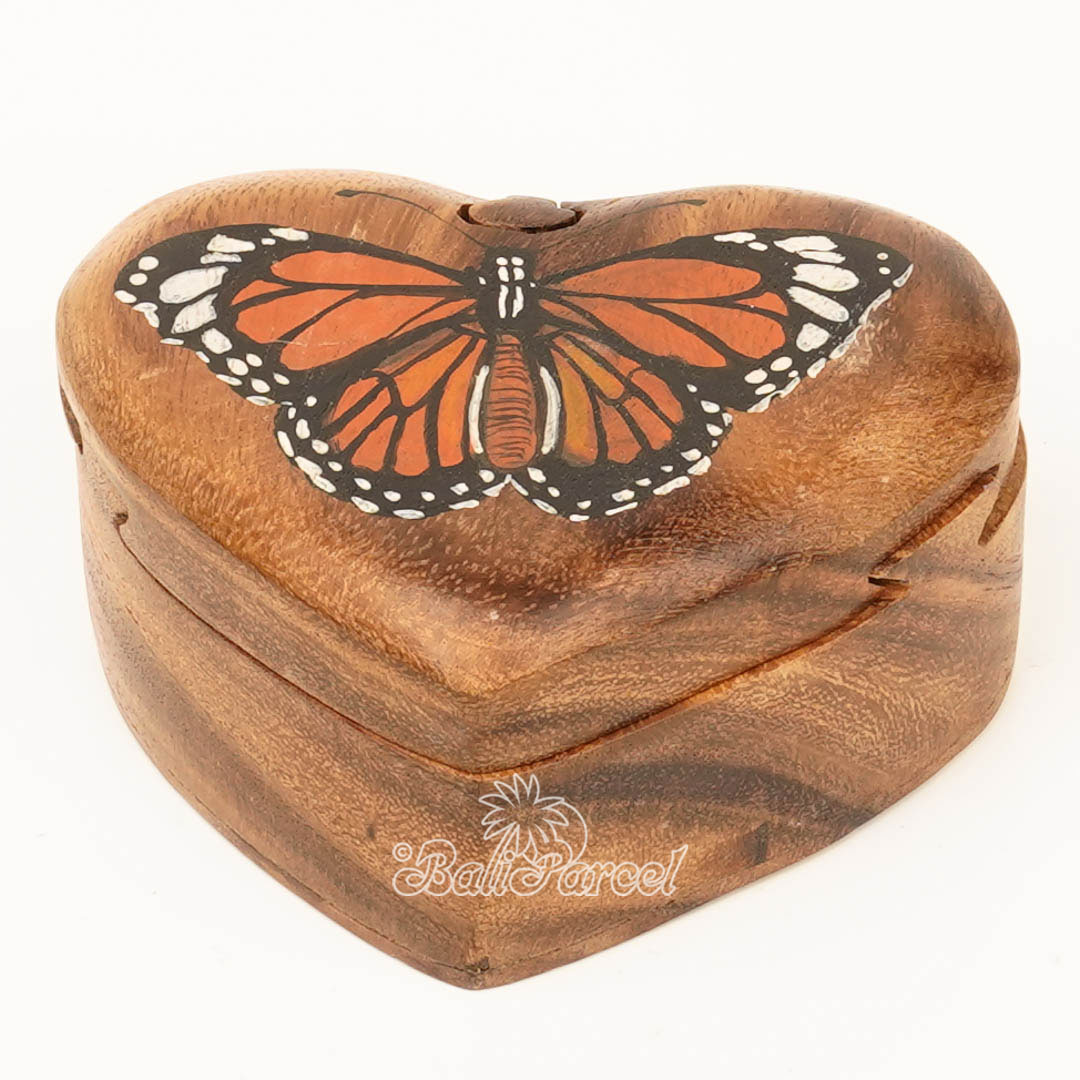 Wooden Jewelry Box Heart Shape With Butterfly Painting On Top, Handmade From Suar Wood