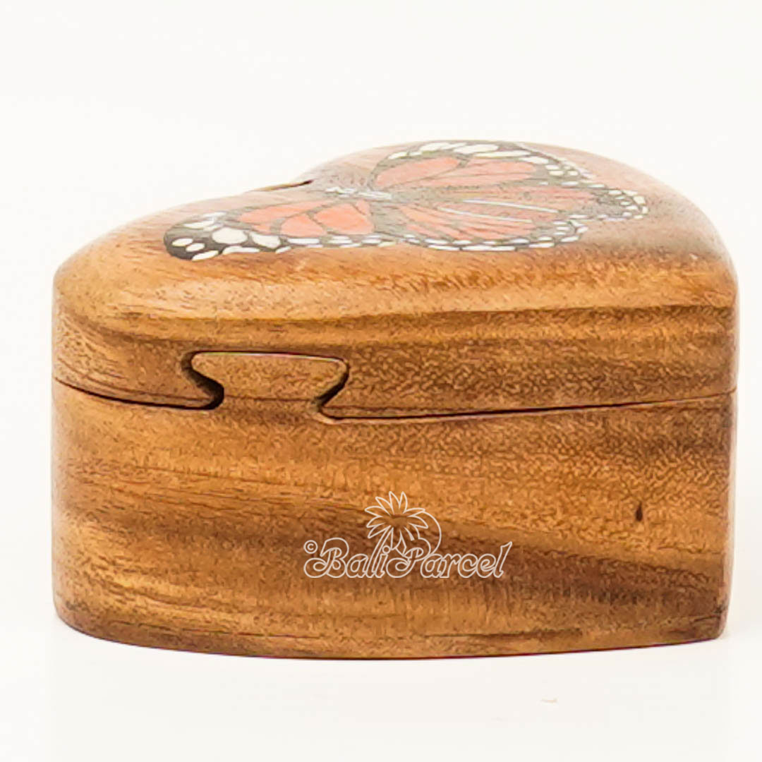 Wooden Jewelry Box Heart Shape With Butterfly Painting On Top, Handmade From Suar Wood