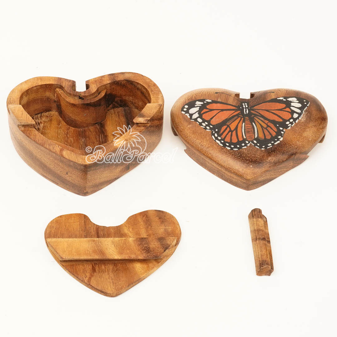 Wooden Jewelry Box Heart Shape With Butterfly Painting On Top, Handmade From Suar Wood