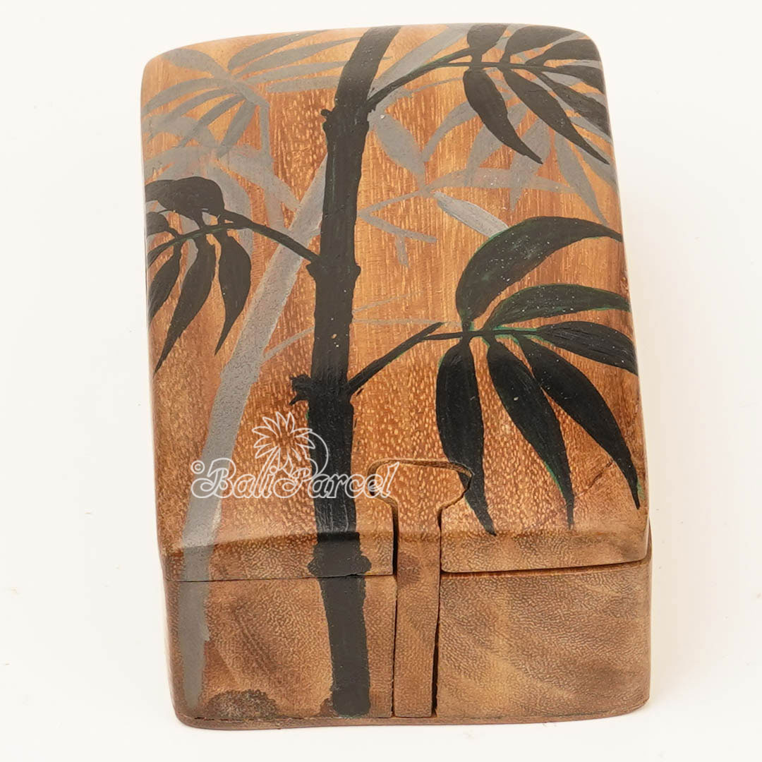 Wooden Jewelry Box With Bamboo Tree Painting On Top, Handmade From Suar Wood