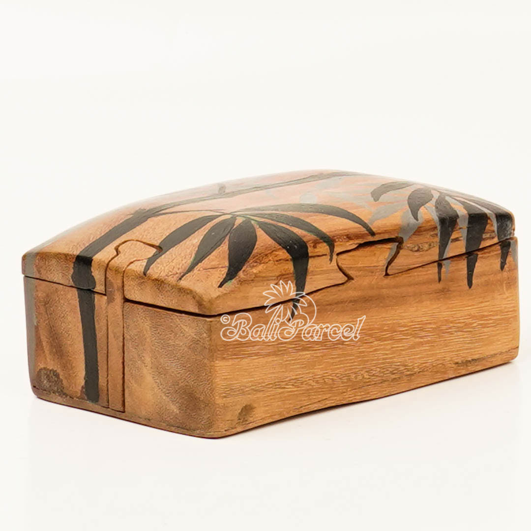Wooden Jewelry Box With Bamboo Tree Painting On Top, Handmade From Suar Wood