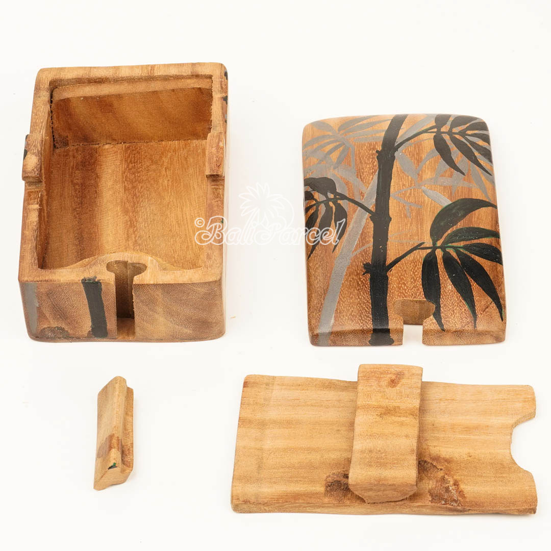 Wooden Jewelry Box With Bamboo Tree Painting On Top, Handmade From Suar Wood