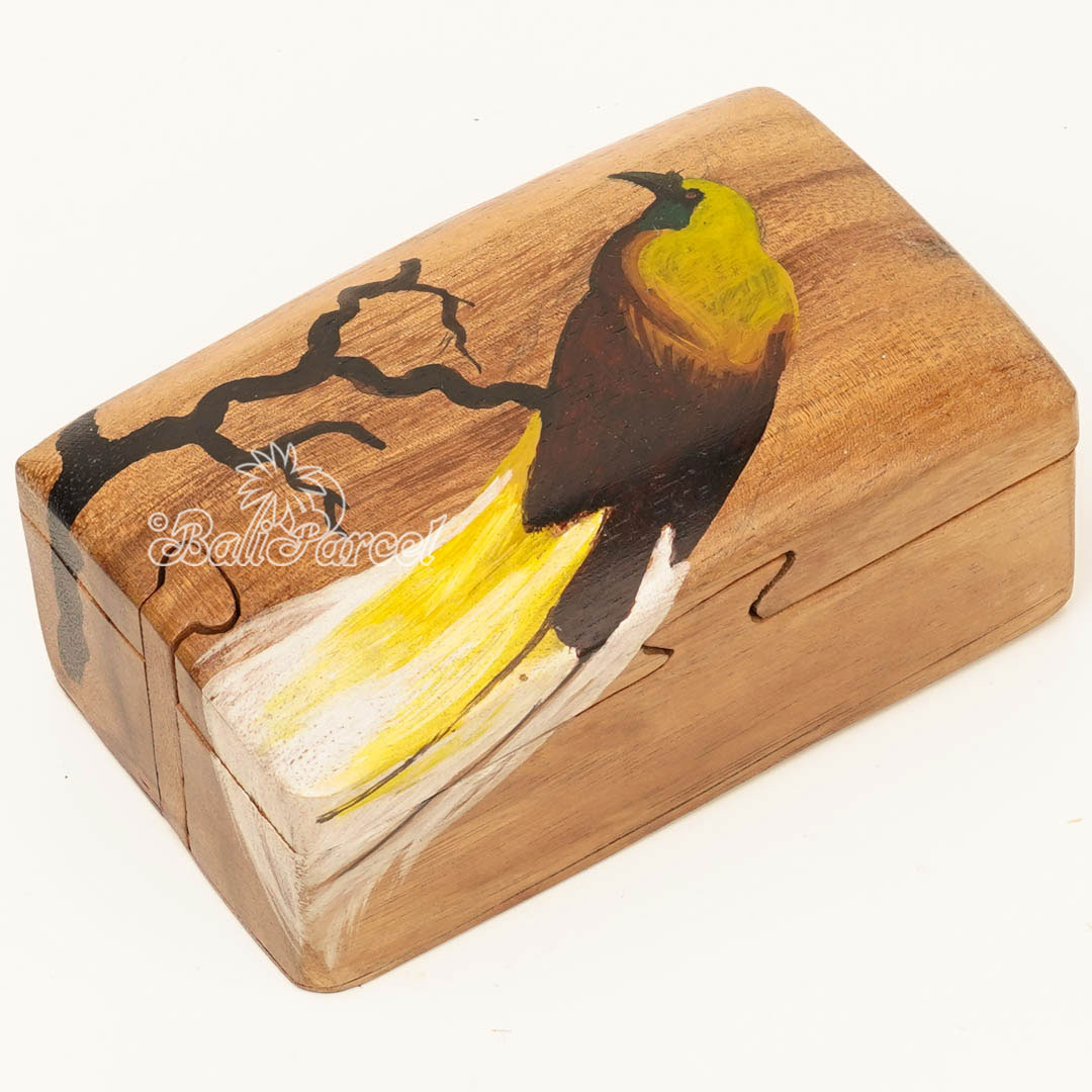 Wooden Jewelry Box With Peacock Painting On Top, Handmade From Suar Wood