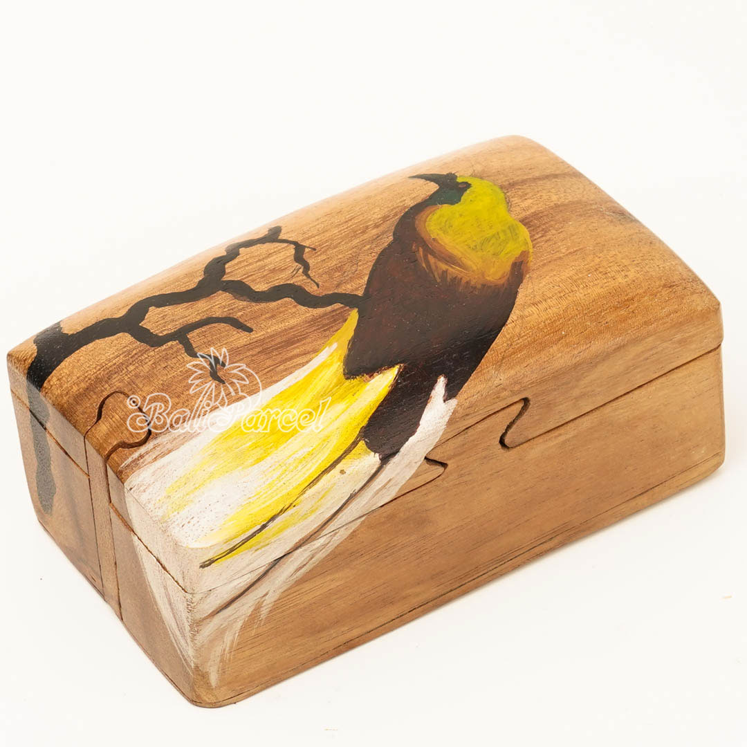 Wooden Jewelry Box With Peacock Painting On Top, Handmade From Suar Wood