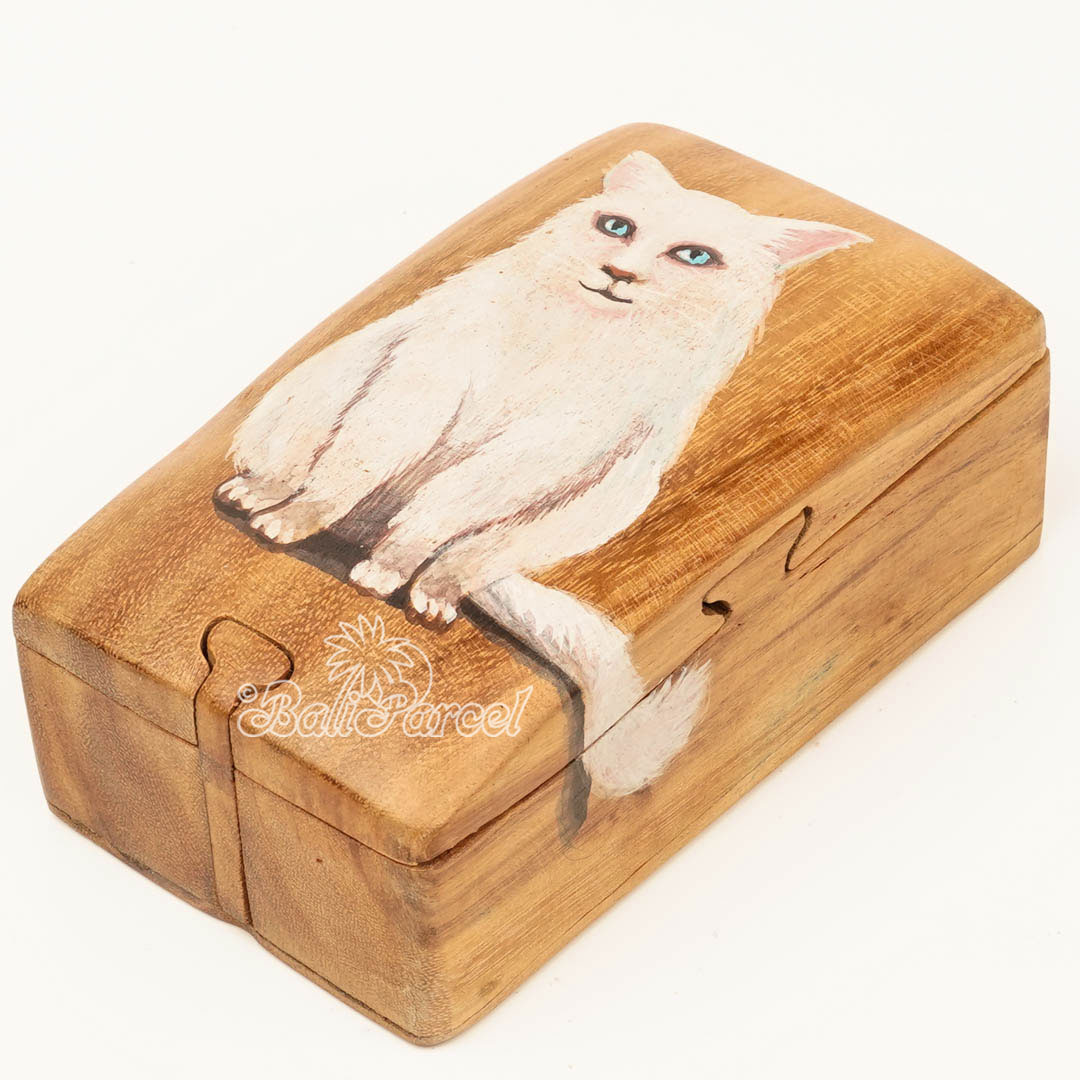 Wooden Jewelry Box With Cat Painting On Top, Handmade From Suar Wood