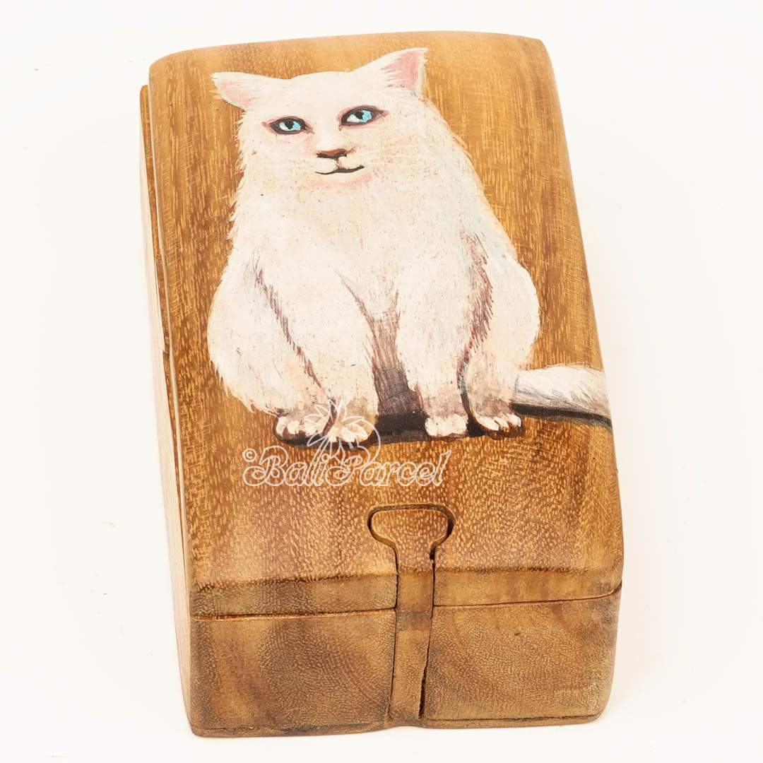Wooden Jewelry Box With Cat Painting On Top, Handmade From Suar Wood