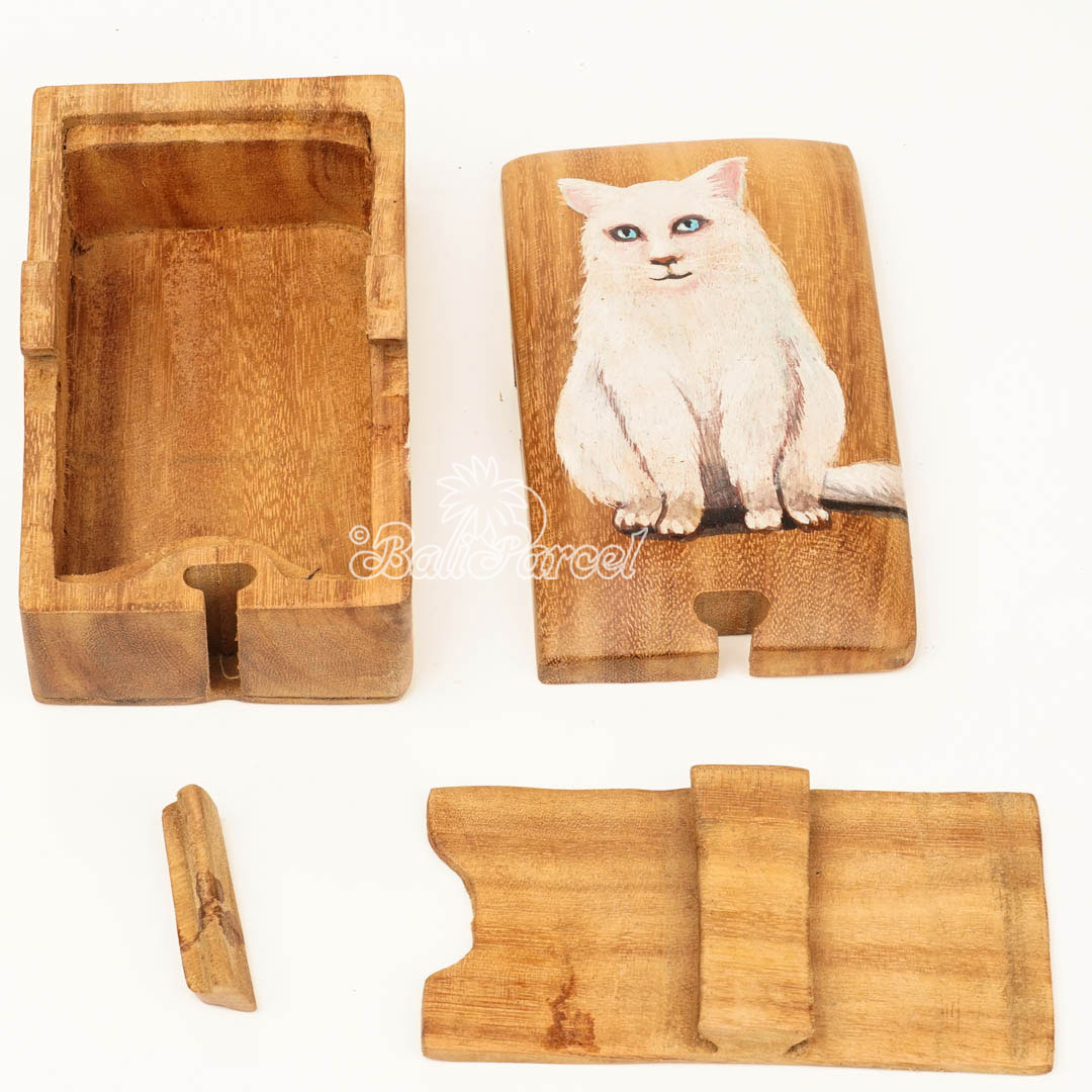 Wooden Jewelry Box With Cat Painting On Top, Handmade From Suar Wood