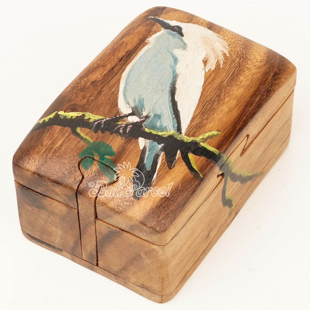 Wooden Jewelry Box With Bali Starling Bird Painting On Top, Handmade From Suar Wood