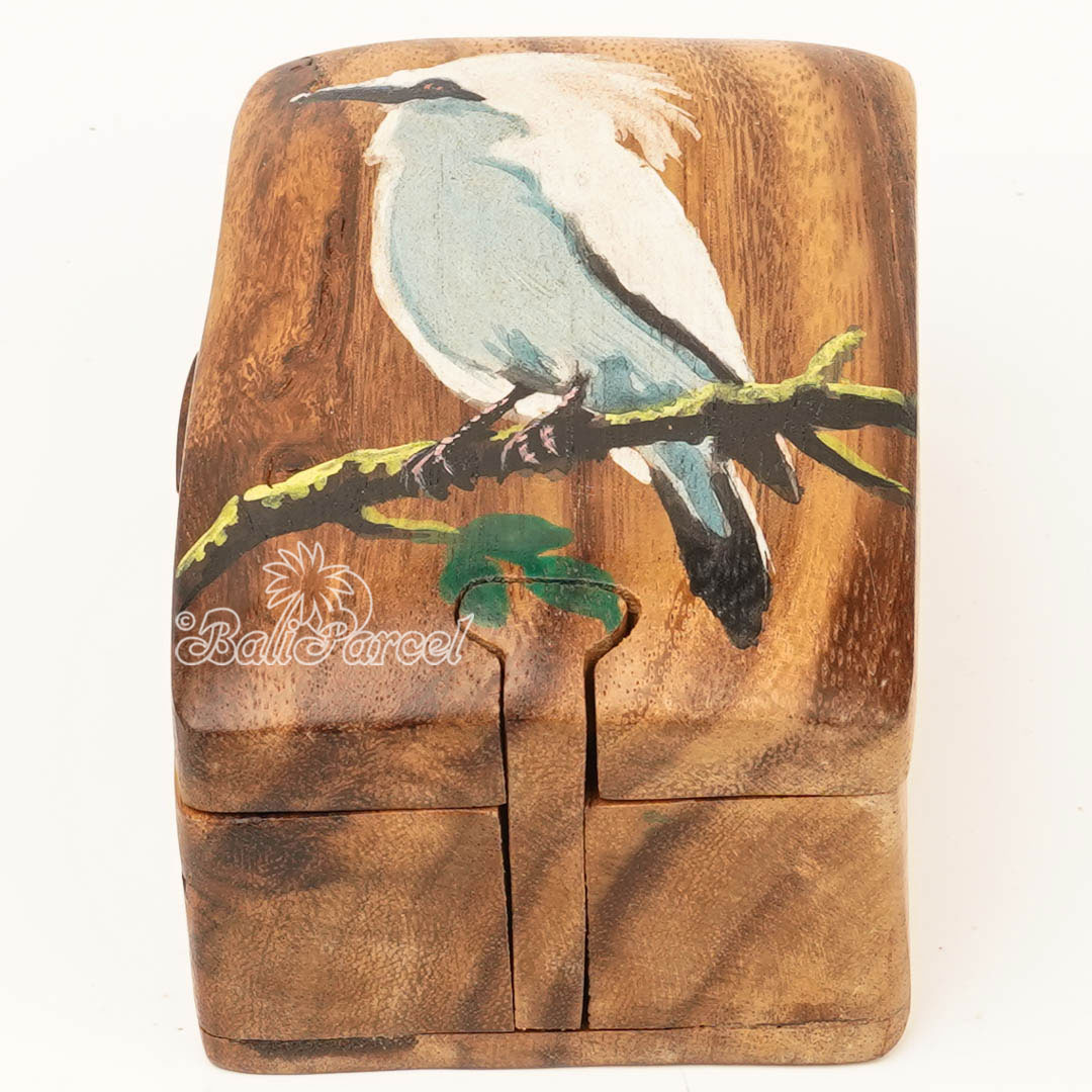 Wooden Jewelry Box With Bali Starling Bird Painting On Top, Handmade From Suar Wood