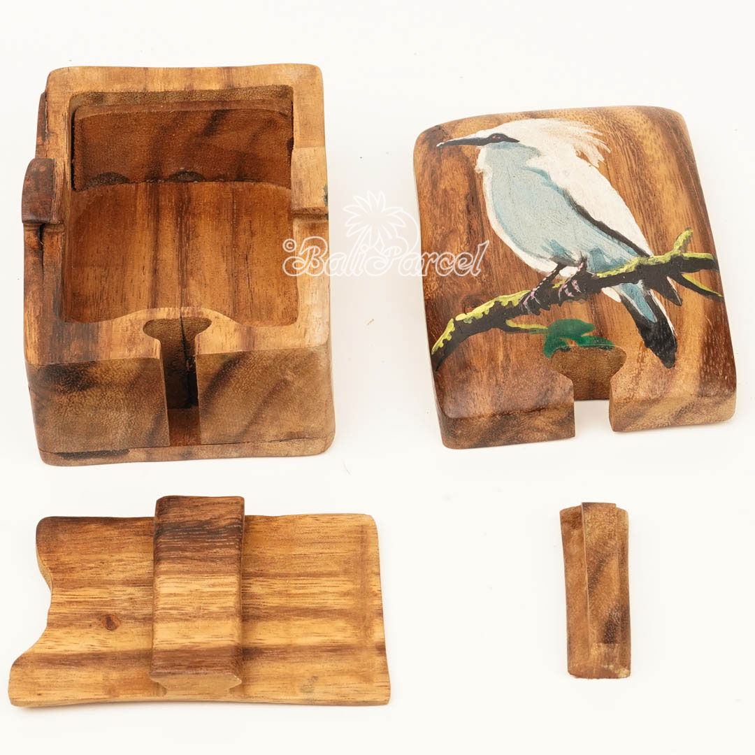 Wooden Jewelry Box With Bali Starling Bird Painting On Top, Handmade From Suar Wood