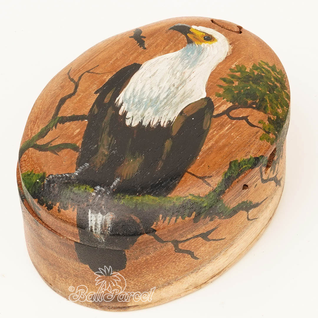 Wooden Jewelry Box With Eagle Painting On Top, Handmade From Suar Wood