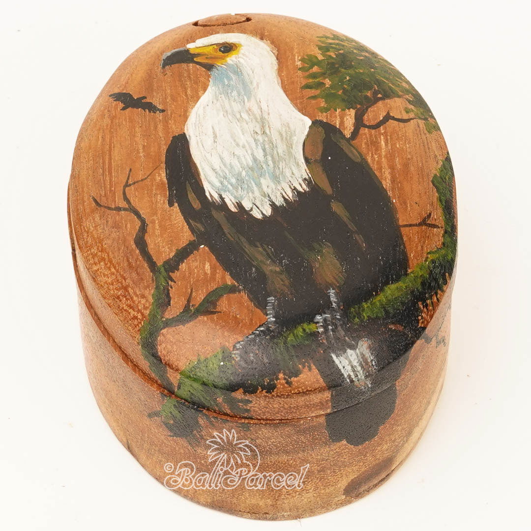Wooden Jewelry Box With Eagle Painting On Top, Handmade From Suar Wood