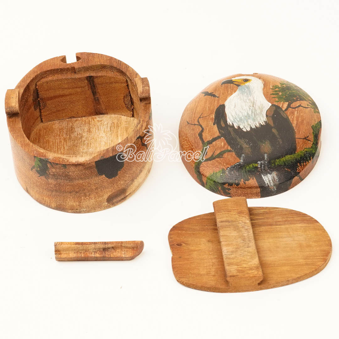 Wooden Jewelry Box With Eagle Painting On Top, Handmade From Suar Wood