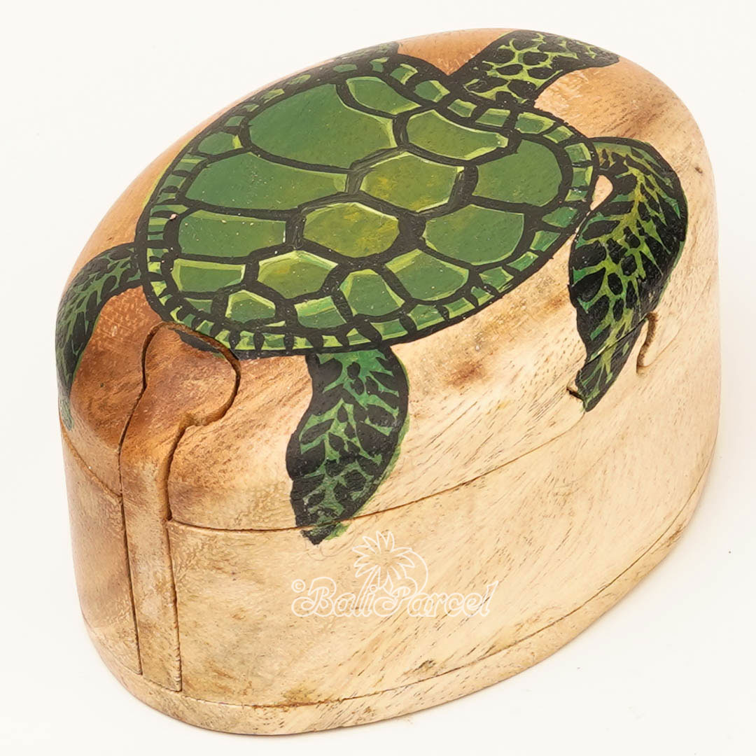 Wooden Jewelry Box With Turtle Painting On Top, Handmade From Suar Wood
