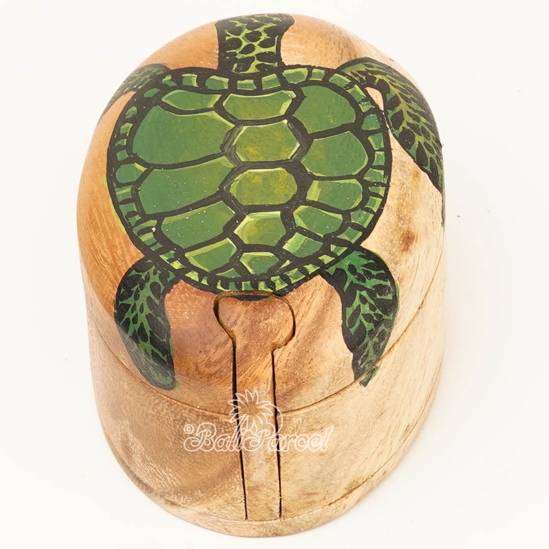 Wooden Jewelry Box With Turtle Painting On Top, Handmade From Suar Wood
