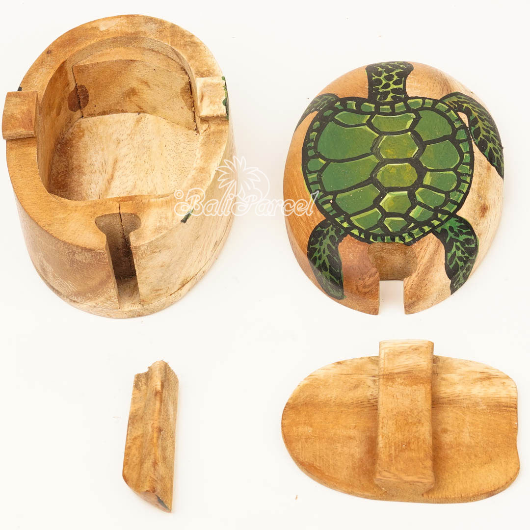 Wooden Jewelry Box With Turtle Painting On Top, Handmade From Suar Wood