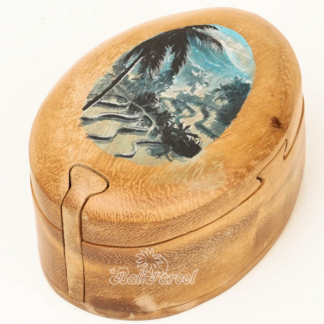 Wooden Jewelry Box With Rice Field View Painting On Top, Handmade From Suar Wood