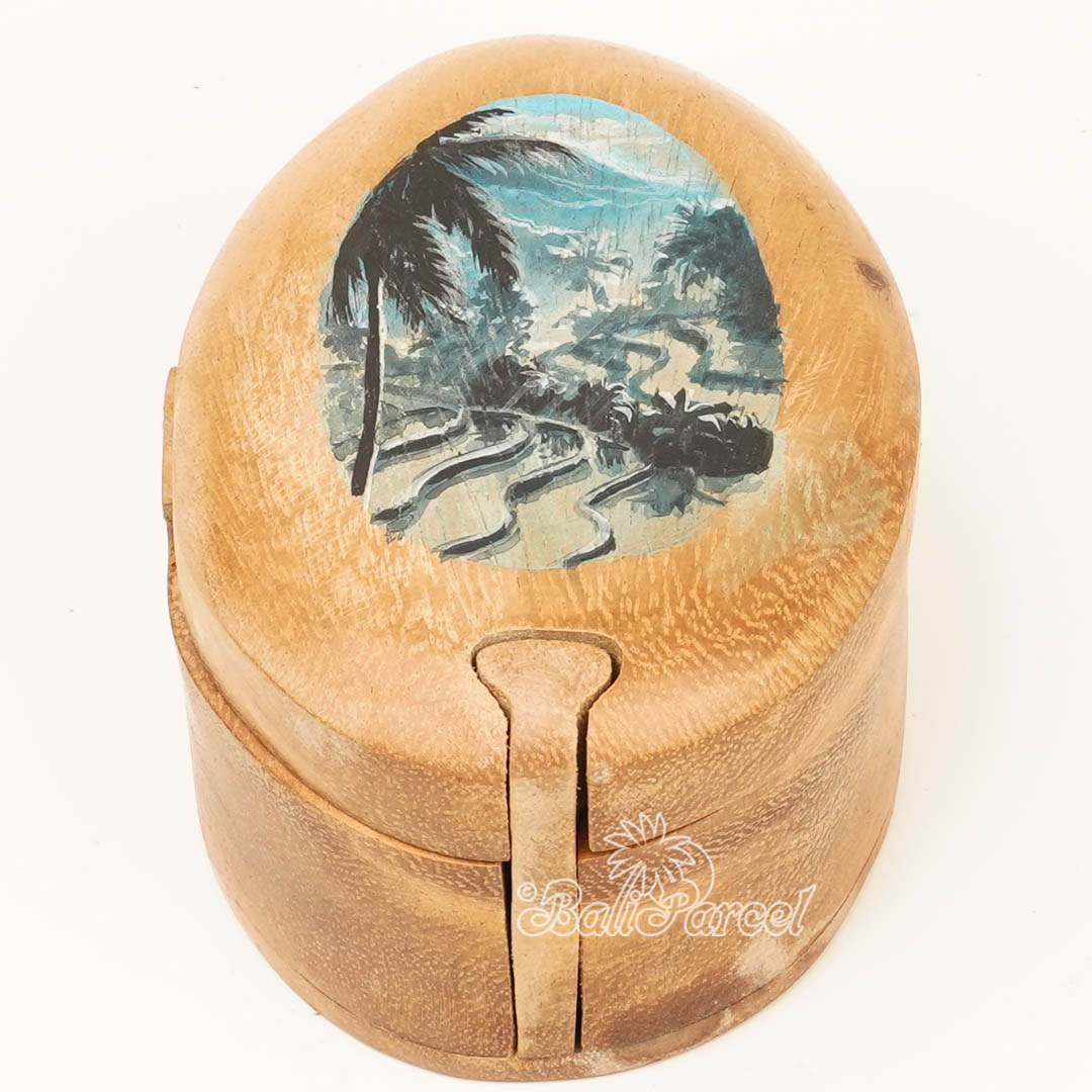 Wooden Jewelry Box With Rice Field View Painting On Top, Handmade From Suar Wood