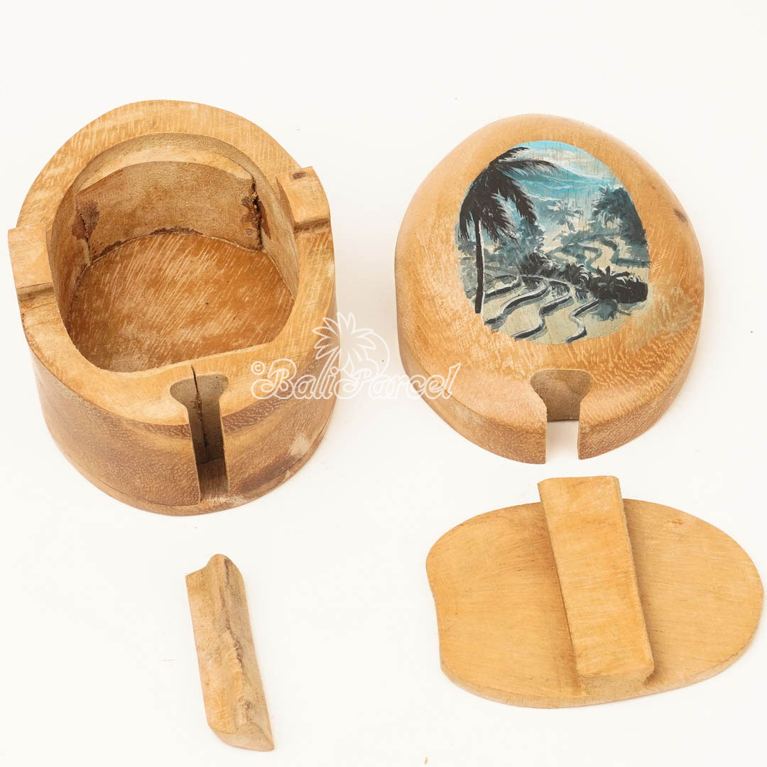 Wooden Jewelry Box With Rice Field View Painting On Top, Handmade From Suar Wood