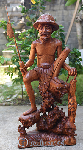 Fisherman Statue, Hand Carved From Suar Wood
