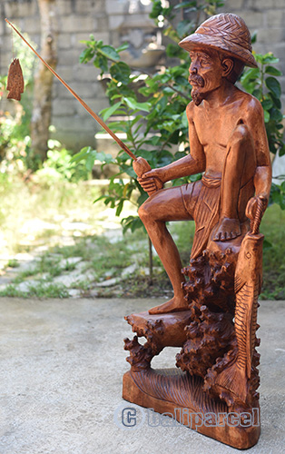 Fisherman Statue, Hand Carved From Suar Wood