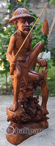 Fisherman Statue, Hand Carved From Suar Wood