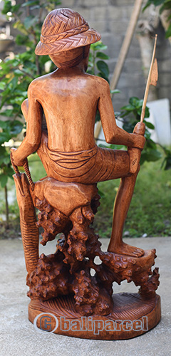 Fisherman Statue, Hand Carved From Suar Wood