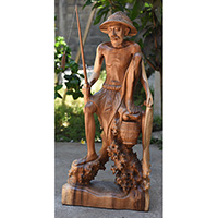 Fisherman Statue, Hand Carved From Suar Wood