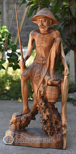 Fisherman Statue, Hand Carved From Suar Wood