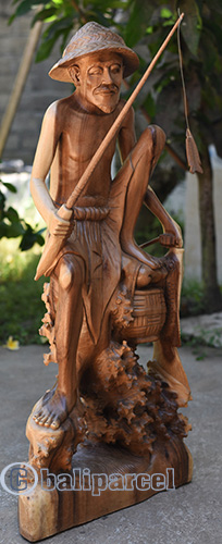 Fisherman Statue, Hand Carved From Suar Wood