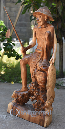 Fisherman Statue, Hand Carved From Suar Wood