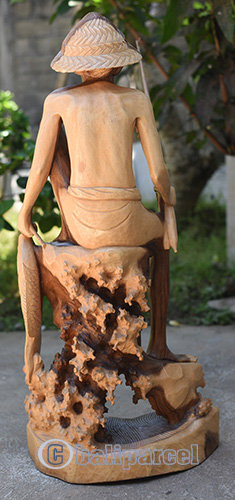Fisherman Statue, Hand Carved From Suar Wood