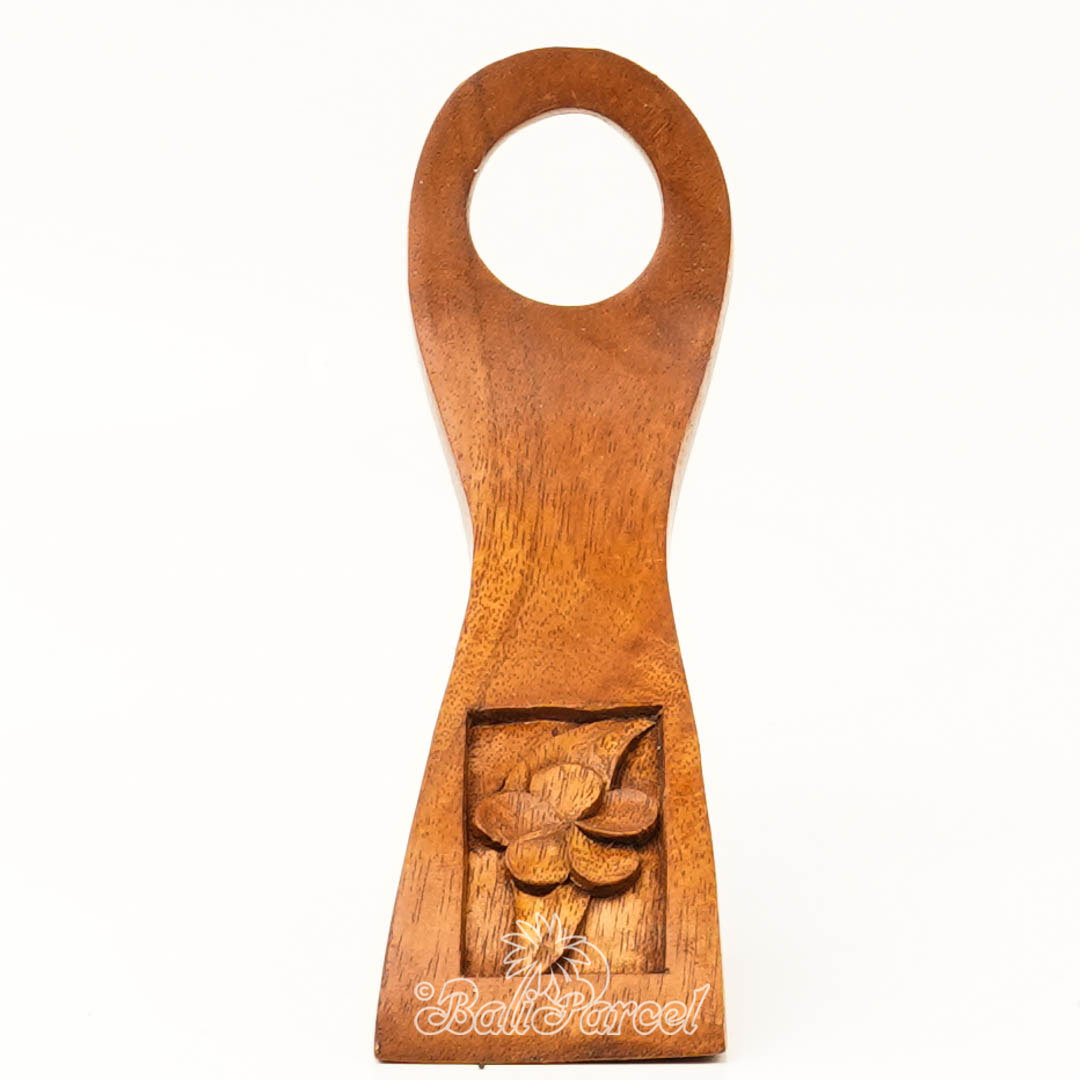 Wooden Wine Bottle Holder With Hibiscus Carving, Handcarved From Suar Wood