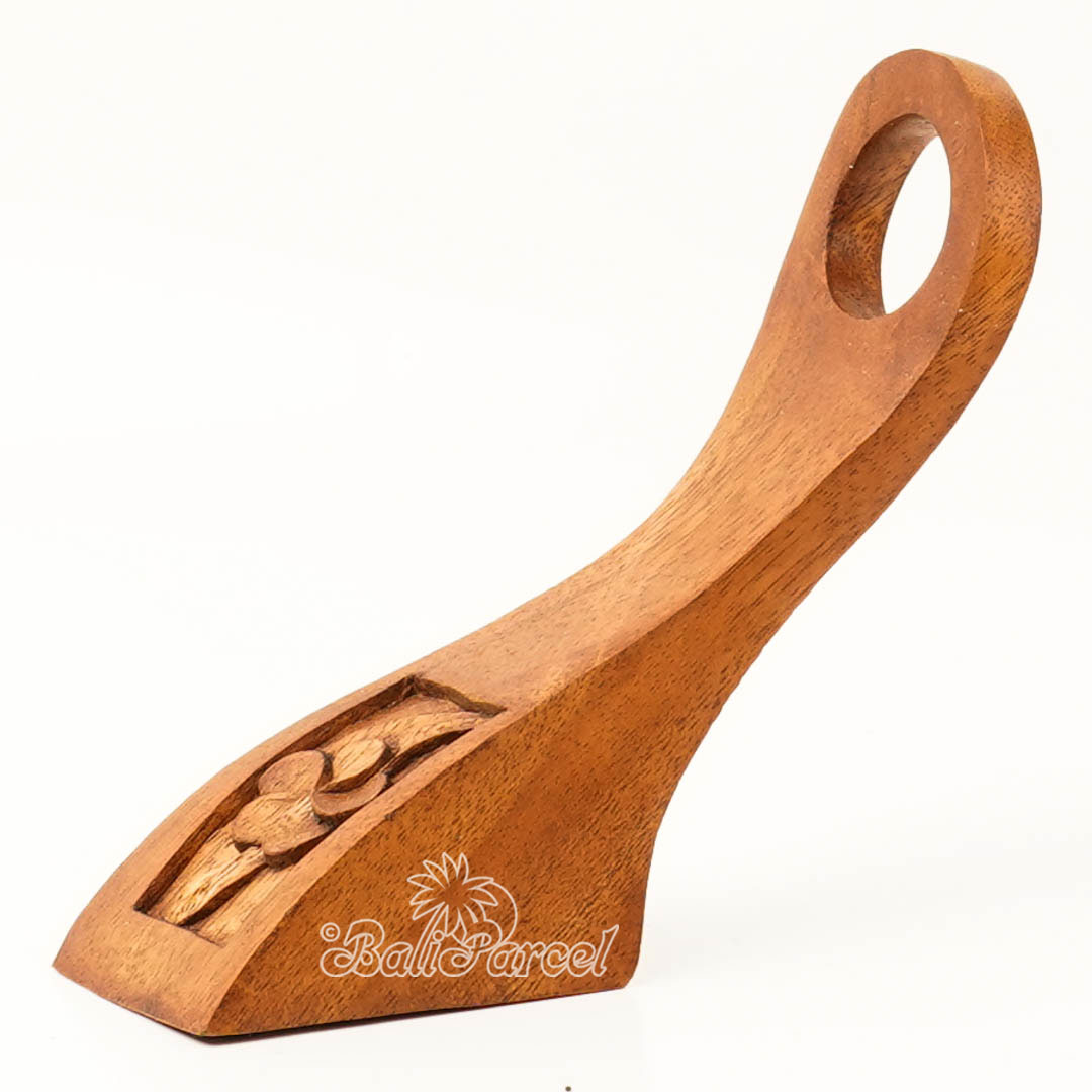 Wooden Wine Bottle Holder With Hibiscus Carving, Handcarved From Suar Wood
