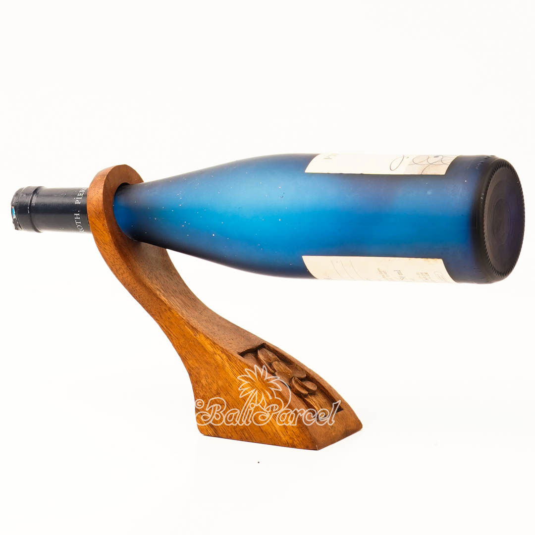 Wooden Wine Bottle Holder With Hibiscus Carving, Handcarved From Suar Wood