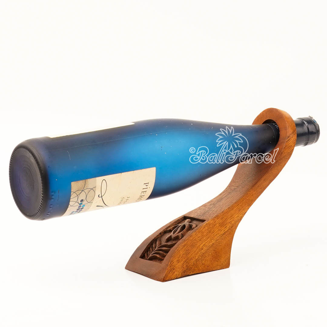 Wooden Wine Bottle Holder With Turtle Carving, Handcarved From Suar Wood