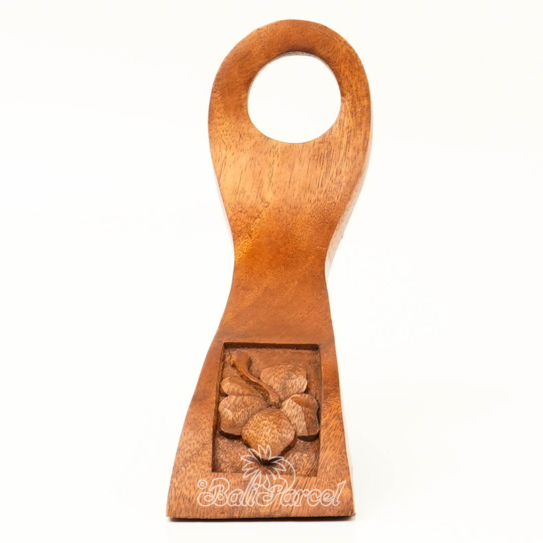 Wooden Wine Bottle Holder With Hibiscus Carving, Handcarved From Suar Wood