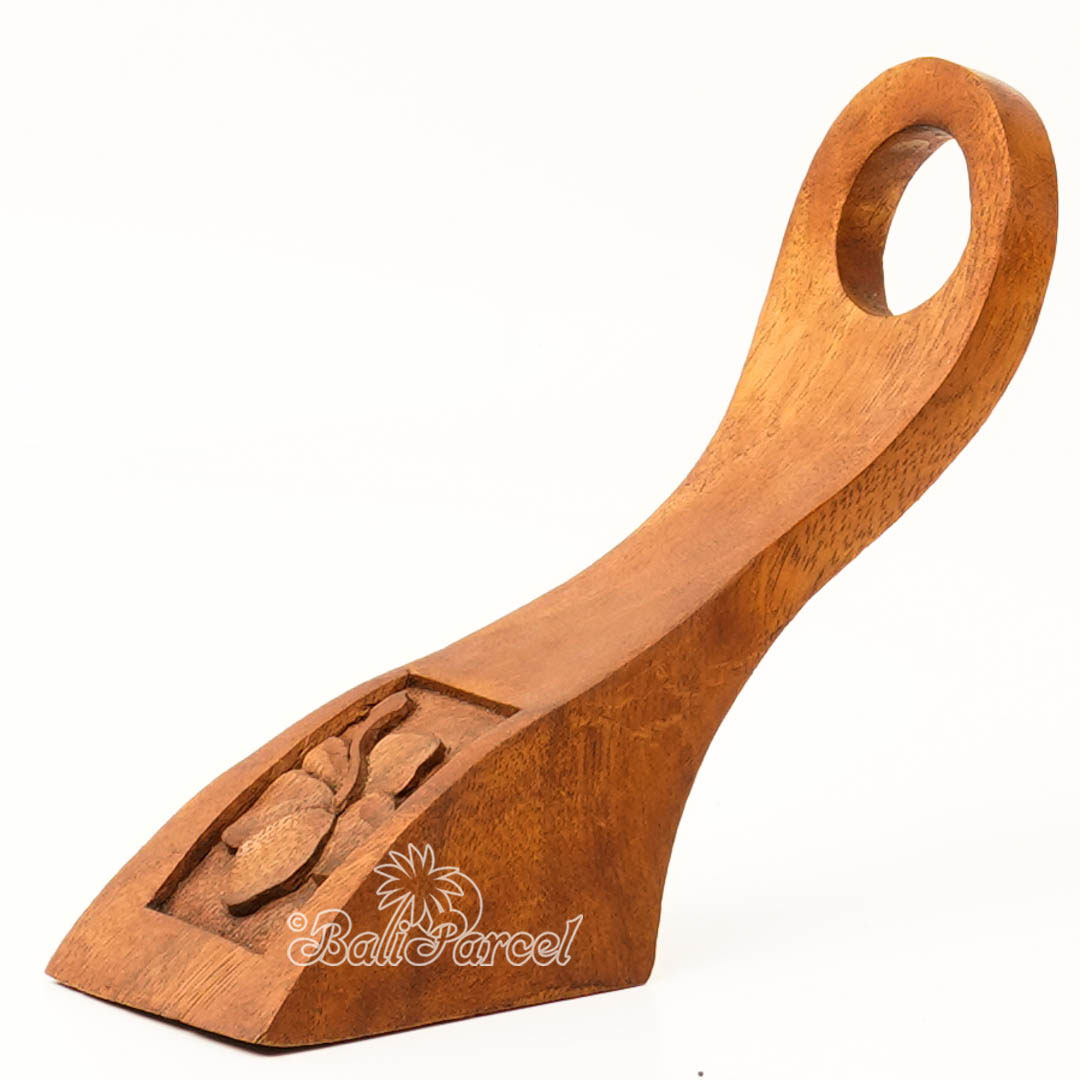 Wooden Wine Bottle Holder With Hibiscus Carving, Handcarved From Suar Wood
