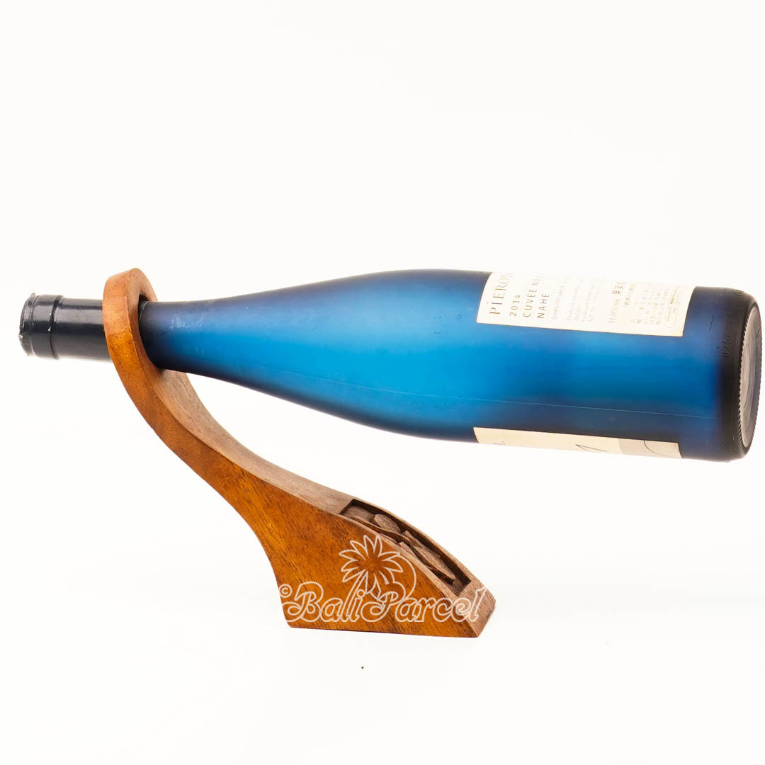 Wooden Wine Bottle Holder With Hibiscus Carving, Handcarved From Suar Wood