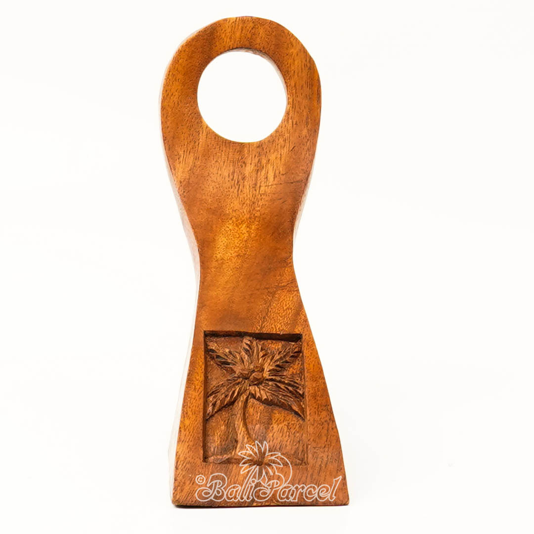 Wooden Wine Bottle Holder With Coconut Tree Carving, Handcarved From Suar Wood